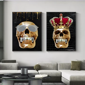 Абстрактный Золотой череп, доллары во рту, плакат, холст, картина, роскошный скелет, корона, настенная картина для гостиной, украшение дома