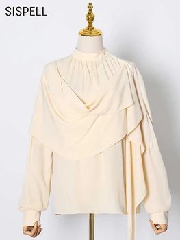 Асимметричные повседневные рубашки SISPELL Для женщин, воротник-стойка, свободные блузки с длинными рукавами и рюшами в стиле пэчворк, Новинка женской модной одежды