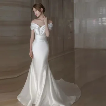 Атласное свадебное платье-труба 2022, новый рыбий хвост с открытыми плечами, белое простое и тонкое сексуальное свадебное банкетное платье Robe De Mariee