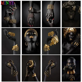 Афроамериканские женщины Классические плакаты с жестами из черного золота, картина с алмазной вышивкой стразами, Алмазная живопись, полная квадратная дрель