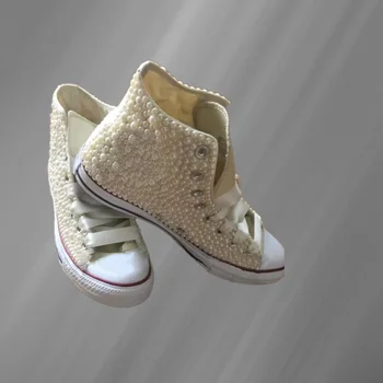Бежевая парусиновая обувь с высоким берцем и жемчугом, удобная спортивная обувь для ходьбы, нейтральная вулканизированная обувь ручной работы с жемчугом 35-46