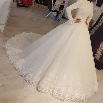 Белые Арабские Мусульманские Свадебные Платья 2023 Для Женщин Принцесса С Высоким Вырезом И Длинными Рукавами Кружевные Аппликации Свадебное Платье Vestido De Novia