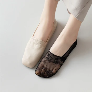 Белые домашние нескользящие тапочки с короткими носками, женские летние невидимые полые сетчатые чулки Ice Silk с глубоким вырезом на лодыжке.