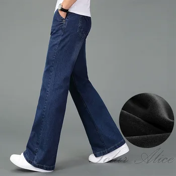Бесплатная доставка 2023 Бархатные Высококачественные мужские зимние Теплые флисовые джинсы с широкими штанинами, деловые повседневные брюки-клеш, брюки со средней талией