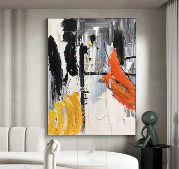 Большая черно-белая абстрактная картина желтого цвета ручной работы, Оранжевая Текстурированная настенная живопись, большие красочные картины для гостиной, Офисный подарок
