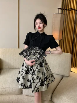 Большие ярды Китайского стиля, Восстанавливающего Древние способы Использования Пластинчатых Пряжек, Французская строчка для толстухи, Черное платье-юбка