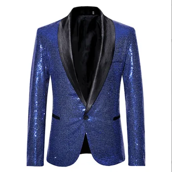 Большой размер 2XL, блестящий Синий жакет с пайетками, мужской блейзер, украшенный блестками, костюм для выпускного вечера, блейзер, костюм Homme, сценическая одежда для певцов