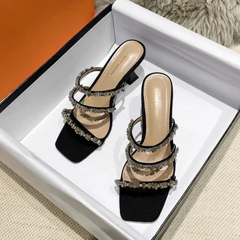 брендовая дизайнерская обувь, босоножки-шлепанцы с тремя ремешками и кристаллами, женская летняя обувь на необычном высоком каблуке, сандалии-гладиаторы со стразами, mujer