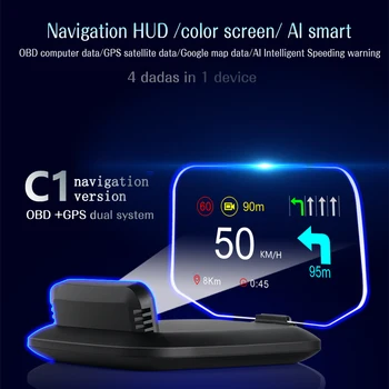Версия навигации C1 HUD Головной дисплей Навигация Автомобильный HUD OBD2 GPS Спидометр Предупреждение о превышении скорости Сигнализация оборотов в минуту HUD Зеркало