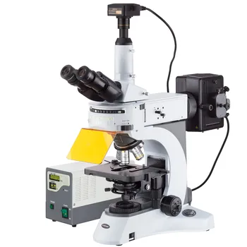 Вертикальный флуоресцентный микроскоп AmScope 40X-1000X с вращающейся турелью с несколькими фильтрами + 2,8-мегапиксельная ПЗС-камера