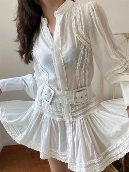 Весенне-осеннее платье с длинным рукавом в стиле бохо, новое белое платье, женское мини-элегантное платье laides с оборками и поясом, мини-вечернее платье