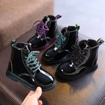 Весенние детские ботинки для мальчиков и девочек, модная детская черная обувь из лакированной кожи с мягкой подошвой, размер 26-30