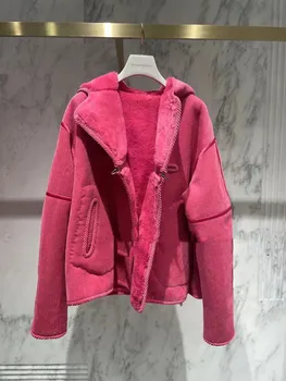 Весенняя новинка 2022 года, высококачественная свободная повседневная флисовая термокуртка, розовое пальто с капюшоном из шерсти ягненка, женская одежда, куртка для женщин