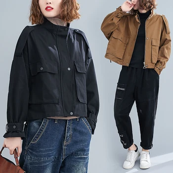 Весна 2022, новая однотонная универсальная свободная куртка на молнии, женская рабочая куртка с коротким воротником-стойкой и длинным рукавом