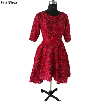 Вечерние платья It's YiiYa, Красное платье С круглым вырезом и Короткими рукавами, На молнии Сзади, Асимметричная Складка Чайной длины, Плюс размер, Женское вечернее платье YS031