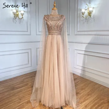 Вечерние платья с рукавами-накидками Serene Hill Gold трапециевидной формы с круглым вырезом, роскошные платья с бисером 2023 для женской вечеринки LA71315