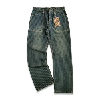 Винтажные джинсы в полоску для мужчин, прямые брюки-карго с пряжкой на талии сзади, дизайнерская одежда для мотоциклов Safari