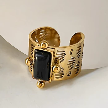 Винтажные классические открывающие кольца для женщин, трендовая индивидуальность, инкрустация натуральным камнем, выдолбленное кольцо на палец, Роскошные золотые украшения 1шт