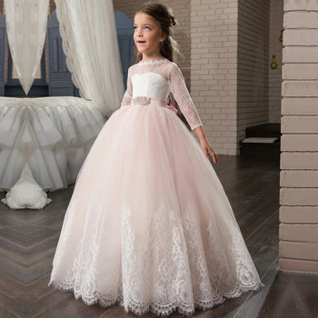 Винтажные платья для девочек-цветочниц Белое Атласное Розовое Пышное бальное платье для малышей для причастия Дизайн платья для девочек Abiti Da Comunione Vestido