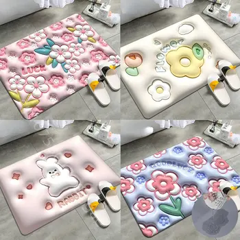 Впитывающий 3D цветочный коврик для ванной комнаты, быстросохнущий, нескользящий, Милые розовые коврики для сушки посуды, резиновый коврик для кухни, суперпоглощающий ковер