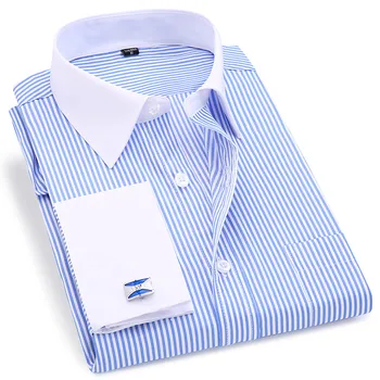 Высококачественные мужские французские запонки в полоску, повседневные рубашки с длинными рукавами и белым воротничком, дизайнерская свадебная рубашка-смокинг 6XL