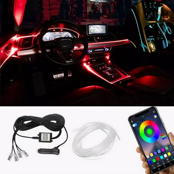 Гибкая волоконно-оптическая лента RGB с управлением через приложение, Декоративная лампа с автоматической атмосферой, светодиодные неоновые EL-провода в салоне автомобиля, 12 В
