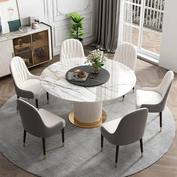 Глянцевый обеденный стол с каменной доской, легкая роскошная комбинация белого круглого кухонного стола и стульев, мебель для ресторана
