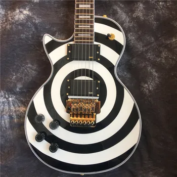 Горячая оптовая продажа высококачественной черно-белой круглой гитары на заказ для левой руки с золотой вибрато-электрогитарой бесплатная доставка