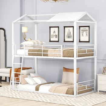 Двухъярусная кровать Twin Over Twin Металлическая кровать с половинной крышей, перилами и лестницей белого цвета