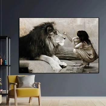 Девушка и лев, настенное искусство, картины с большим котом, плакаты и принты, настенная живопись современного искусства для гостиной, домашний декор, художественные работы