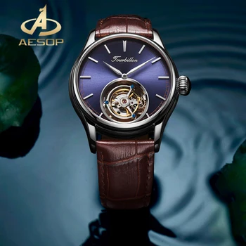 Деловые мужские часы бренда AESOP из натуральной кожи класса люкс, Настоящие Мужские механические часы Tourbillon, Водонепроницаемые часы из сапфирового стекла