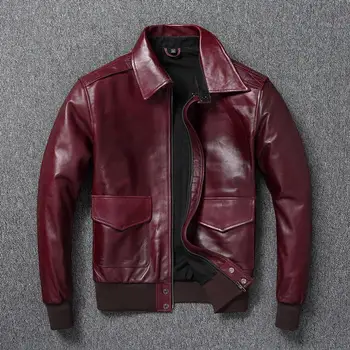 Демисезонный Натуральная овчина, винно-красные Кожаные куртки для мужчин, Приталенные кожаные пальто для мотобайкеров