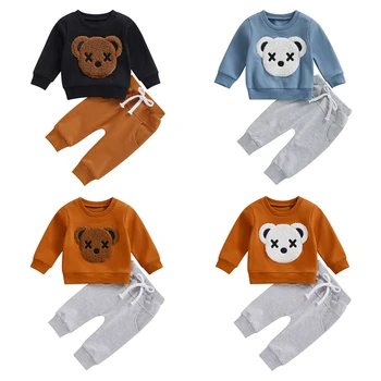 Детская одежда, костюмы для мальчиков, модные толстовки с круглым вырезом и длинными рукавами с вышивкой медведя, топы и однотонные длинные брюки, комплект из 2 предметов