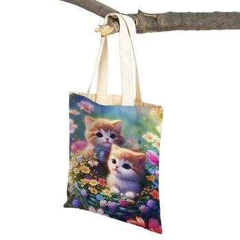 Детская холщовая хозяйственная сумка с цветочным рисунком и мультяшным котом, многоразовая милая девочка-животное, женская сумка-тоут, сумки для покупок в супермаркете