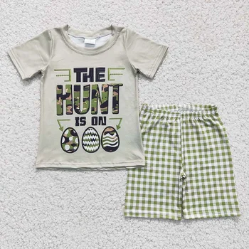 Детский комплект одежды для малышей Kid Happy Easter Spring Для мальчика Зеленая камуфляжная рубашка Egg С короткими рукавами И шорты в клетку