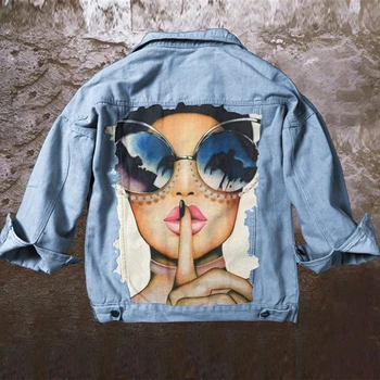 Джинсовая куртка с принтом милой девушки из мультфильма для женщин, свободный отложной воротник, длинный рукав, пальто высокой уличной моды 2022, весна-осень