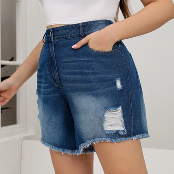 Джинсовые шорты из выстиранных прямых джинсов большого размера, женские Летние 2022, синие
