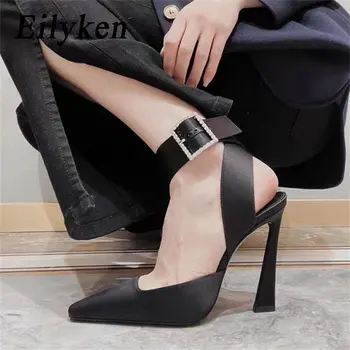 Дизайнер Eilyken, атласные женские туфли-лодочки с ремешком и пряжкой с кристаллами, модные босоножки с острым носком, босоножки на тонком высоком каблуке, туфли-шлепанцы