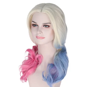 Длинные вьющиеся Розово-голубые волосы Харли Куинн, окрашенные в цвет Самоубийства, Косплей, костюм девушки на Хэллоуин, Парики
