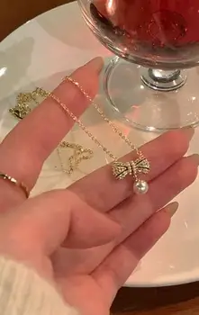 Жемчужное ожерелье с бантиком, цепочка для ключиц из титановой стали, Модное ожерелье, Розовые цепочки, ожерелья для женщин, ожерелья и подвески