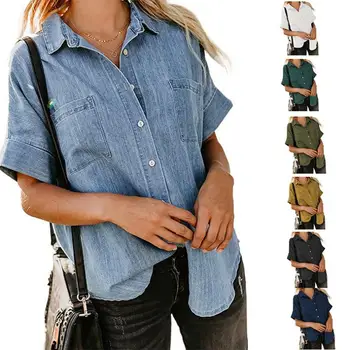 Женская джинсовая рубашка свободного покроя с двумя карманами и коротким рукавом, универсальная повседневная куртка-рубашка для женщин, новинка