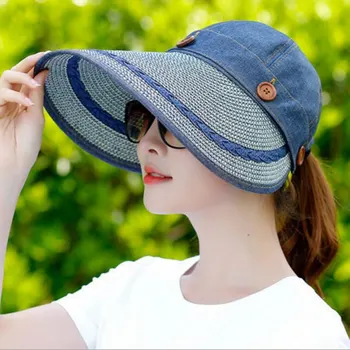 Женская летняя пляжная шляпа от солнца с широкими полями и кепкой на пуговицах, шляпы для женщин, кепка с защитой от ультрафиолета, кепка с козырьком