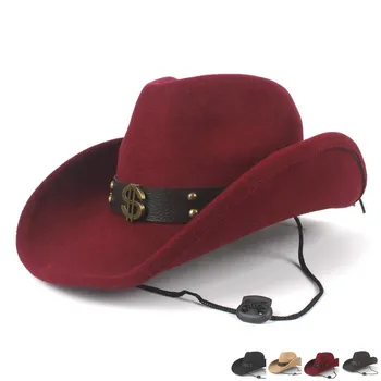 Женская Мужская шерстяная ковбойская шляпа в западном стиле с закатанными полями, джентльменское черное сомбреро из фетра, джазовая кепка