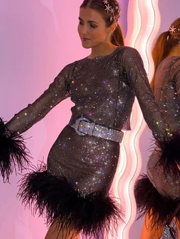 Женская сексуальная одежда Y2K с перьями, блестками, комплект из 2 предметов, укороченный топ с длинным рукавом, мини-юбки с высокой талией, клубный костюм