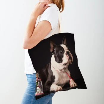Женская сумка для покупок с двойным принтом французского бульдога, холщовая сумочка, многоразовая милая собачка, повседневная сумка для покупок с домашними животными для женщин