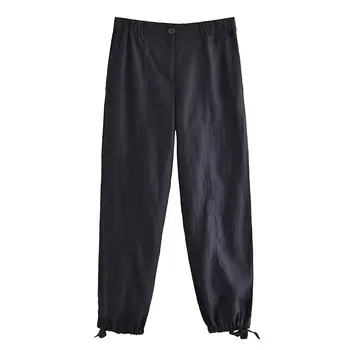 Женские 2023 Новые Шикарные Модные Черные льняные брюки Bowadorn, Винтажные брюки с высокой эластичной талией и боковыми карманами, женские брюки по щиколотку