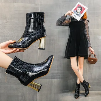 Женские ботильоны на высоком каблуке, современная обувь с острым носком, женские короткие ботинки, осень-зима, большие размеры, модные женские ботинки, новинка