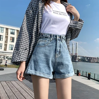 Женские джинсовые шорты Летние Свободные Модные Корейские короткие джинсы Y2K с регулируемой высокой талией, Черно-Белая Женская повседневная уличная одежда