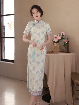 Женские костюмы, Современный воротник-стойка, Qipao, улучшенная мода, винтажное платье Cheongsam синего цвета с цветочным принтом и коротким рукавом
