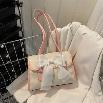 Женские кошельки и сумки контрастного цвета Y2k, модные милые универсальные сумки через плечо с бантом для девочек, повседневная простая сумка-мессенджер
